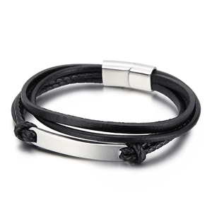 Multi-layer braided black leather bracelet with stainless steel metal plate and magnetic clasp