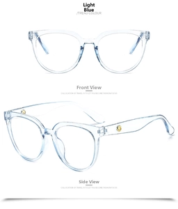 Detail of light blue transparent oversized glasses frame with gold metal rivets
