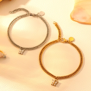 Gold and silver stainless steel butterfly charm Cuban link bracelets with cubic zirconia
