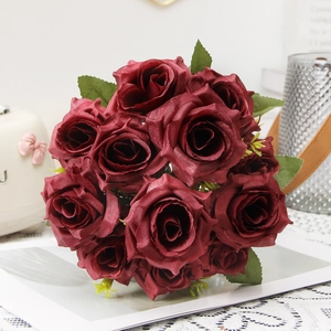Realistic artificial red roses silk flower bouquet for elegant home and wedding decor