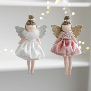 Detail of plush ballerina angel dolls with glitter wings for Christmas tree decoration
