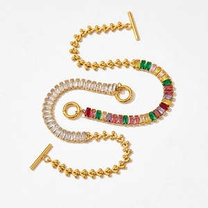 Golden stainless steel Cuban chain bracelet with colorful square zircons and OT toggle clasp