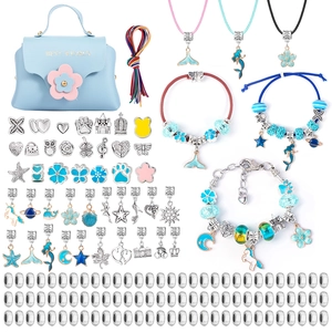 DIY jewelry making kit with blue handbag storage, metal beads and themed pendants for girls