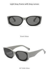 Front and side view of light grey square sunglasses with dark grey polarized lenses