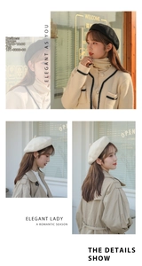 Detailed view of stylish wool beret in black and beige, showing the fine felt texture and shape