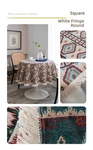 Macro detail of bohemian jacquard tablecloth with red geometric patterns and white tassels