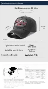 Size chart for vintage washed cotton baseball cap showing dimensions and measurements