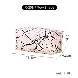 Pink PU leather makeup bag with black marble pattern and secure metal zipper