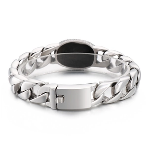 Men's vintage silver cuban chain bracelet with oval plaque and secure buckle clasp