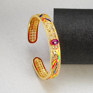 Bracciale Aperto Vintage Drago e Fenice Smalto Placcato Oro Rame Filigrana Vuota Bracciale Rigido Strass Donna Gioielli