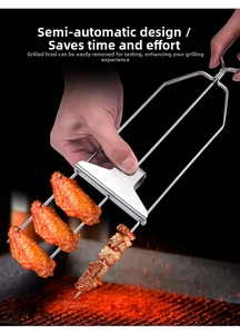 Detail of three-prong stainless steel BBQ fork with semi-automatic slider for grilling meat