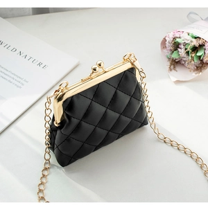 Detail of black quilted leather mini pouch with gold metal clasp and chain strap