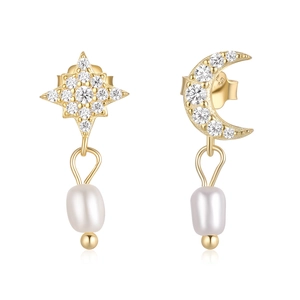 Elegant gold S925 silver asymmetric star and moon earrings with drop pearls and zircon