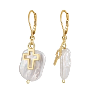 Baroque pearl drop earrings with gold cross pendant and S925 silver base for women