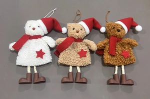 Three plush Christmas bears in white and brown with red hats and scarves for holiday decor