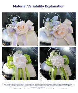 Detail of artificial Austin rose and ribbon bow for wedding car rearview mirror decor