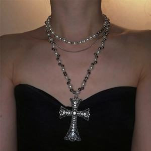 Layered Artificial Pearl Beaded Cross Pendant Necklace Rhinestone Inlaid Alloy Gothic Punk Vintage Style Women Jewelry