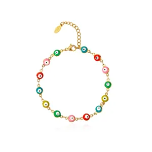 Turkish Evil Eye Stainless Steel Bracelet For Women 18K Gold Plated Multicolor Enamel Round Eye Beads Chain Hand Jewelry