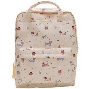 Detail of graffiti dachshund print backpack featuring a large front pocket and top handle