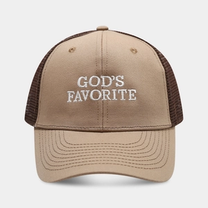 Close-up of God's Favorite embroidery on khaki and brown mesh trucker baseball hat