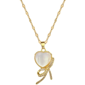 Bowknot butterfly necklace with heart-shaped white shell pendant in gold finish