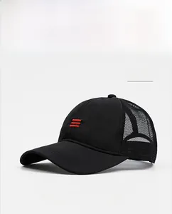 Detail of black mesh baseball cap showing breathable side panels and red stripe embroidery