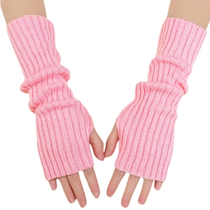 Close-up of pink knitted fingerless gloves showing elastic vertical stripe texture