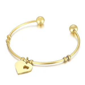 Stainless Steel Heart Charm Bangle Hollow Heart Pendant Open Cuff Bracelet With Bead Accents For Women Elegant Jewelry