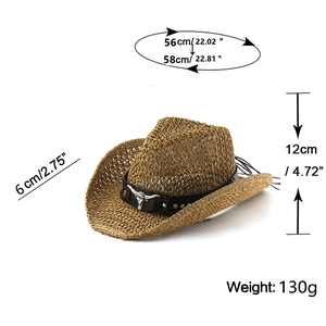 Hollow straw cowboy hat with decorative bull head band for outdoor beach sun protection