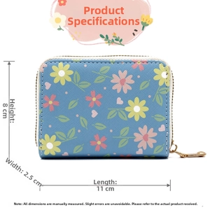 Blue floral accordion card wallet with gold zipper and multi-color flower patterns