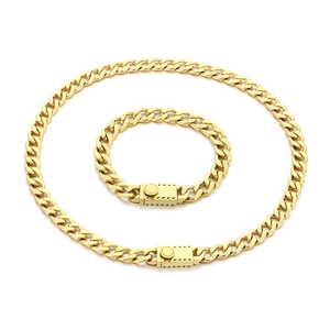 Polished gold 9.5mm Cuban link necklace and bracelet set with square buckle clasp