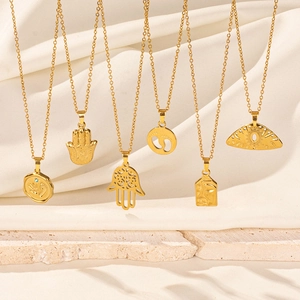 Stainless Steel Pendant Necklace Hamsa Hand Evil Eye Abstract Face Footprint Rhinestone Inlaid Trendy Women Jewelry Gift