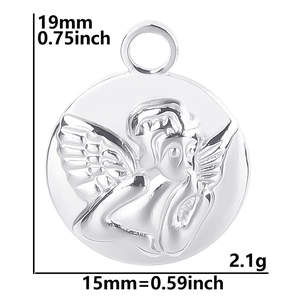 Macro detail of angel pendant showing dimensions 19mm height and 15mm width