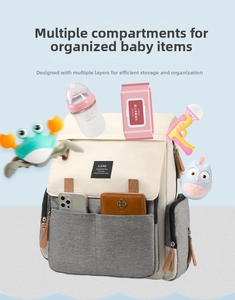 Detail view of large capacity diaper bag with multi-compartment storage layout