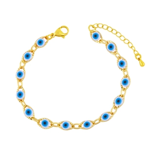 Pulsera de ojo turco dorado con trece colgantes azules y cadena con cierre de mosquetón