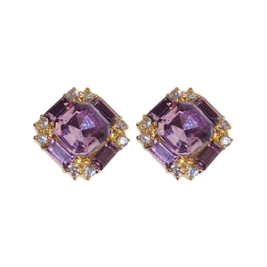 Elegant vintage square earrings with purple center stone and gold-plated silver needle