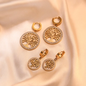 Tree Of Life Round Dangle Earrings Gold Plated Titanium Steel Hollow Geometric Zircon Luxury Vintage Jewelry For Women