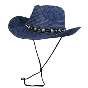 Navy blue wide brim straw Panama hat with turquoise beads and adjustable chin strap