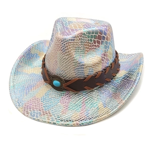Iridescent snakeskin western cowboy hat with turquoise turquoise buckle and leather band