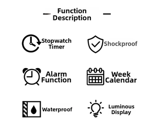 Diagram showing digital watch features including alarm, calendar, and LED backlighting