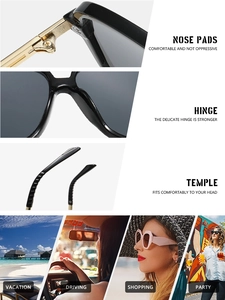 Detail view of reinforced hinges and nose pads on retro double-bridge sunglasses