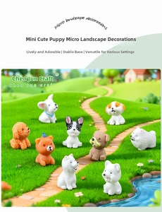 Detailed collection of mini resin puppy figurines in a lush green micro landscape setting