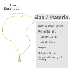 Detailed view of hollow pineapple pendant necklace with white zircon and copper gold plating