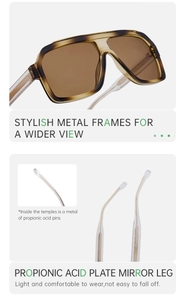 Detail view of square tortoiseshell sunglasses with acetate temples and metal core structure