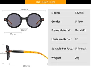 Detailed size chart for retro round sunglasses with precise frame and lens measurements