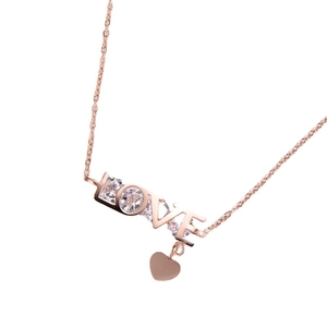 Rose gold LOVE letter pendant necklace with sparkling zircon and small heart charm