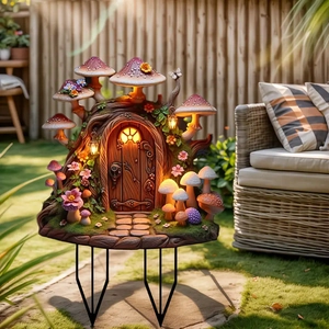 Solar powered resin mushroom fairy house garden stake sculpture with glowing window