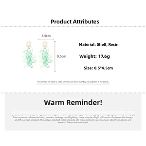 Detailed view of long green shell fringe earrings with dimensions 8.5cm x 4.5cm