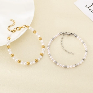 Elegant woven pearl and metal bead bracelets in gold and silver with lobster clasps