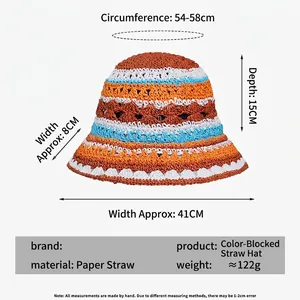 Japanese hollow flower knit bucket hat with dimension data showing 54-58cm circumference
